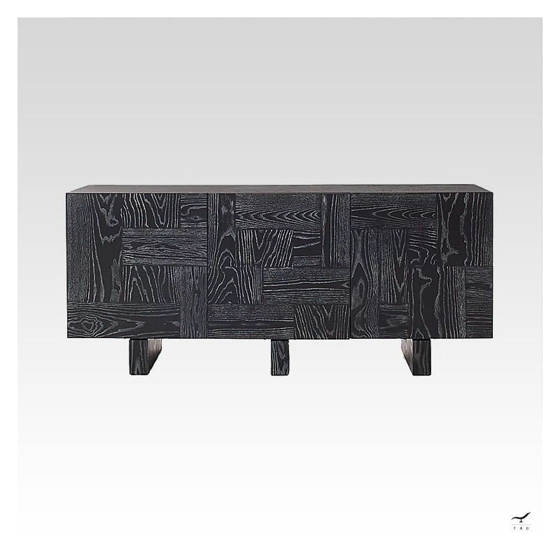Modern Black Sideboard with Parquet Design | Elegant Three-Door Wooden Cabinet
