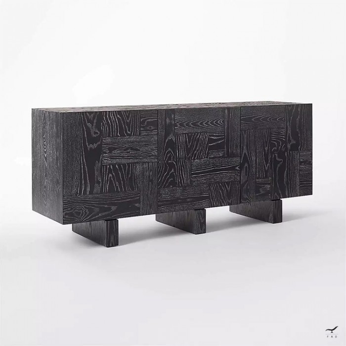 Modern Black Sideboard with Parquet Design | Elegant Three-Door Wooden Cabinet