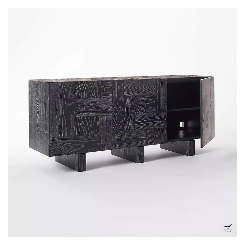 Modern Black Sideboard with Parquet Design | Elegant Three-Door Wooden Cabinet