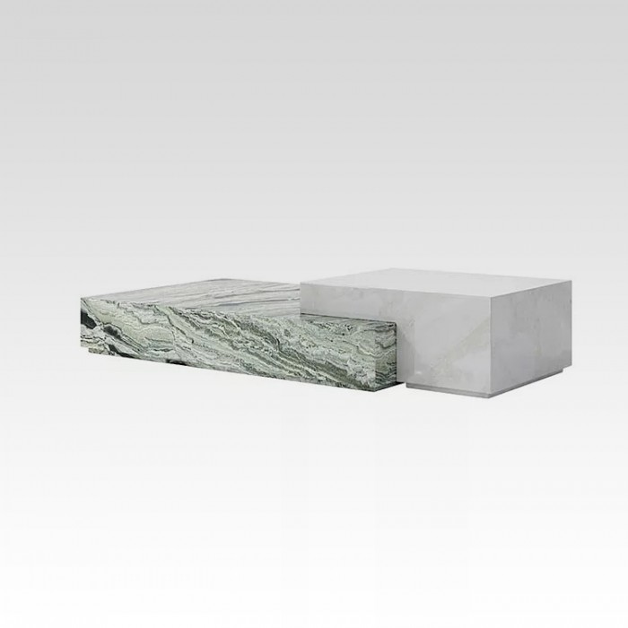 Duplex coffee table two geometric shapes that fit together creating volume and movement