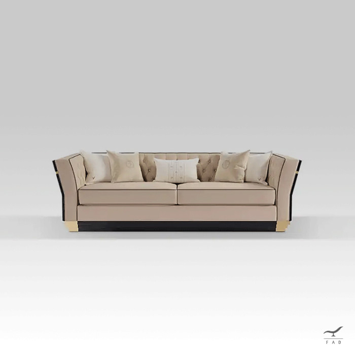 PARIS sofa in brass, leather, walnut burl