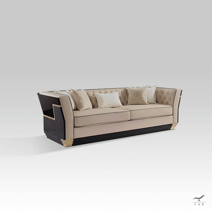 PARIS sofa in brass, leather, walnut burl