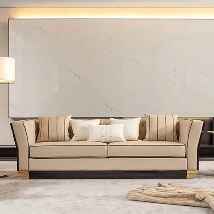 PARIS sofa in brass, leather, walnut burl
