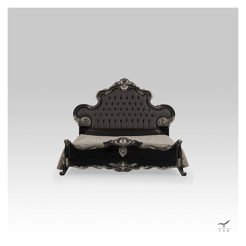 Luxury Antique-style Bed with Golden Leaves & Lacquered Flowers