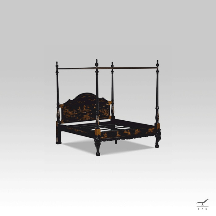 Luxury Baroque Canopy Bed in Chinese Style | Elegant Black and Gold Double Bed