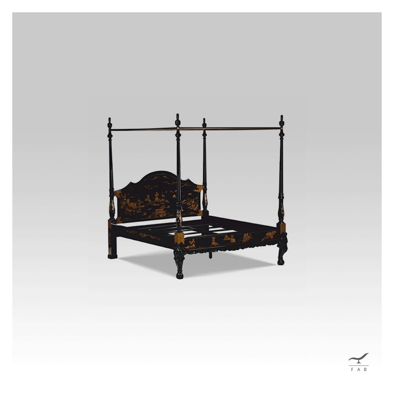 Luxury Baroque Canopy Bed in Chinese Style | Elegant Black and Gold Double Bed