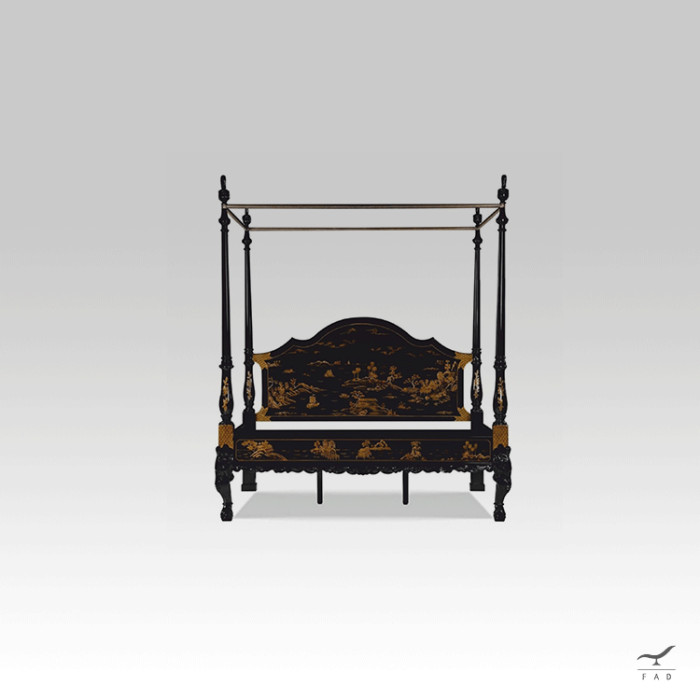 Letto a Baldacchino Barocco Cinese | Arredo di Lusso Nero e Dorato