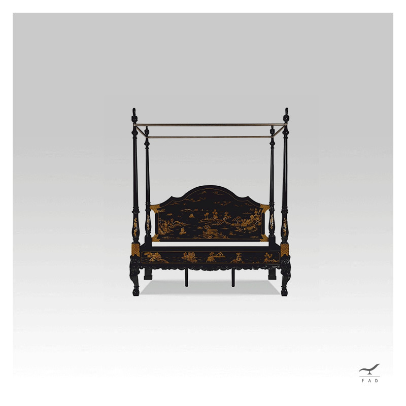 Luxury Baroque Canopy Bed in Chinese Style | Elegant Black and Gold Double Bed