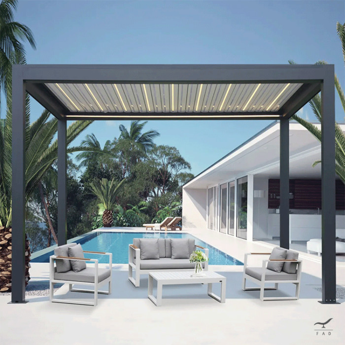 Customizable Aluminum Pergola with Foldable Roof and Integrated LEDs