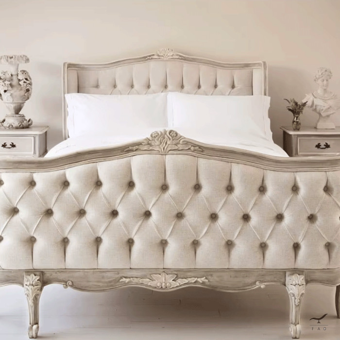 Antique Style Capitonnè Bed with Carved Wood Structure for Luxury Living Spaces