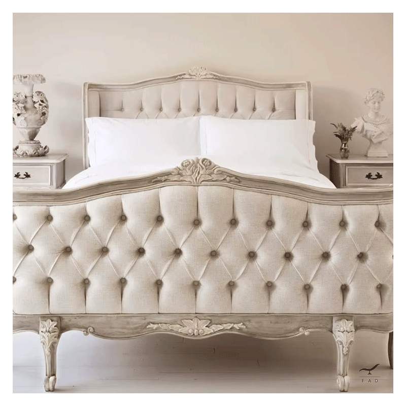 Antique Style Capitonnè Bed with Carved Wood Structure for Luxury Living Spaces