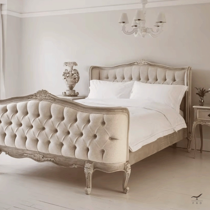 Antique Style Capitonnè Bed with Carved Wood Structure for Luxury Living Spaces