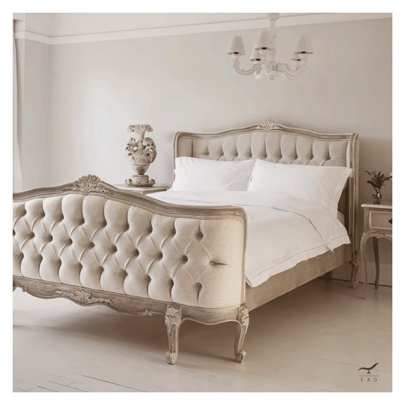 Antique Style Capitonnè Bed with Carved Wood Structure for Luxury Living Spaces