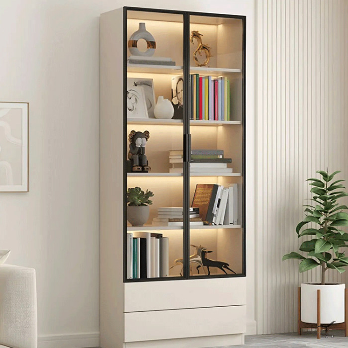 Luxury Designer Office Bookcase with Painted Plywood Structure and Tempered Glass Doors