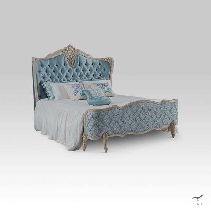 Luxurious Baroque Style Bed | Hand-Carved Solid Wood | Chester Fabric Design