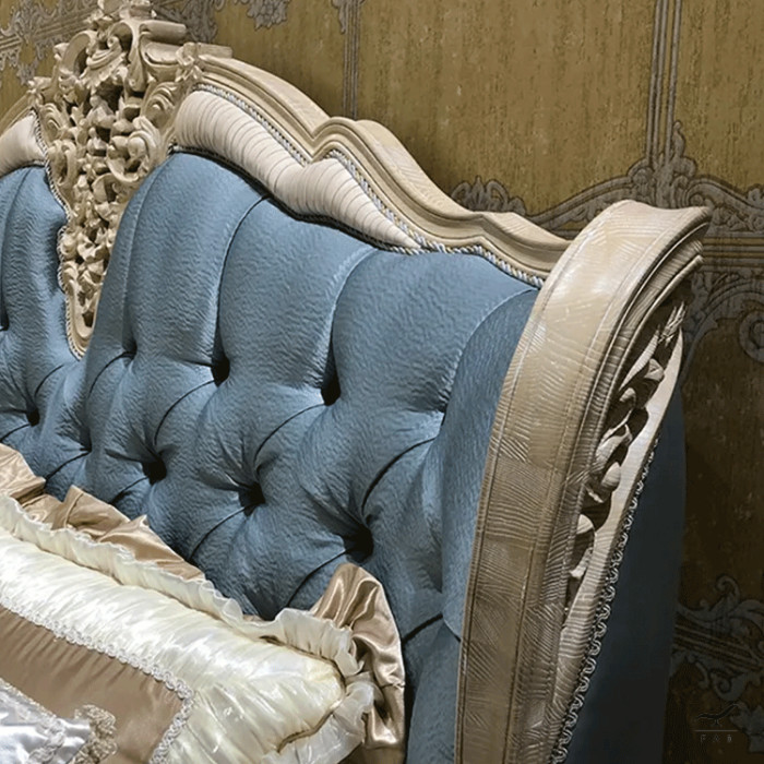 Luxurious Baroque Style Bed | Hand-Carved Solid Wood | Chester Fabric Design