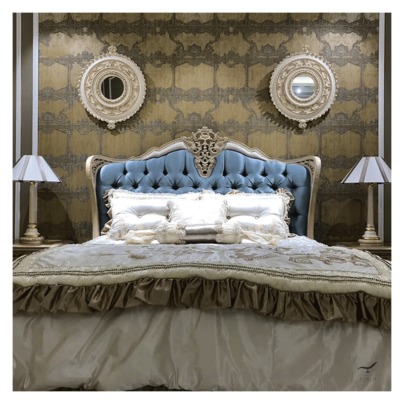 Luxurious Baroque Style Bed | Hand-Carved Solid Wood | Chester Fabric Design