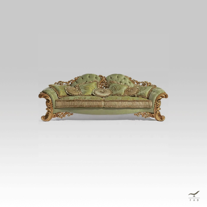 Luxurious Baroque Sofa with Intricate Carvings and Gilded Solid Wood Structure