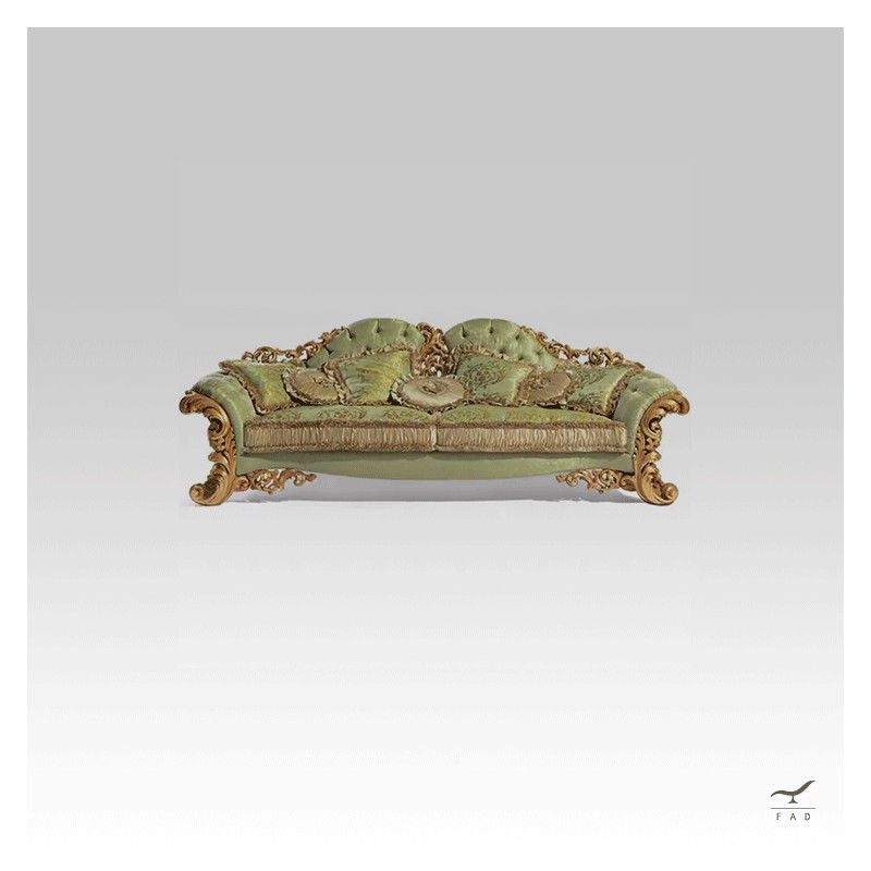 Luxurious Baroque Sofa with Intricate Carvings and Gilded Solid Wood Structure