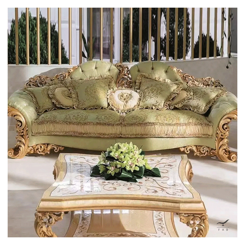 Luxurious Baroque Sofa with Intricate Carvings and Gilded Solid Wood Structure