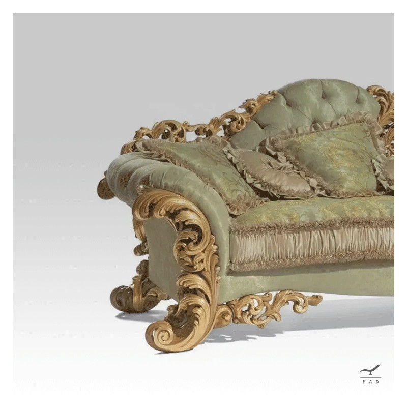 Luxurious Baroque Sofa with Intricate Carvings and Gilded Solid Wood Structure