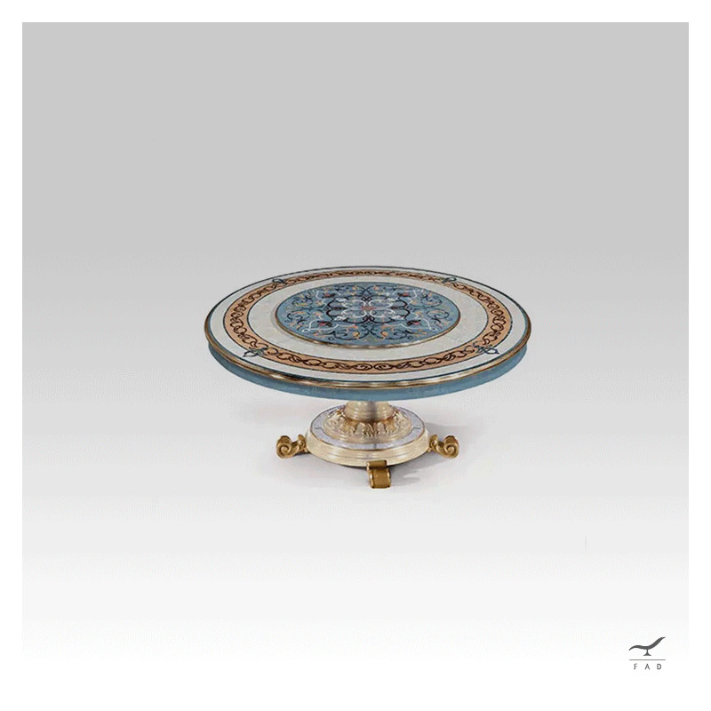 Luxurious Marble Table with Carved Wooden Base | Customizable Inlaid Marble Top