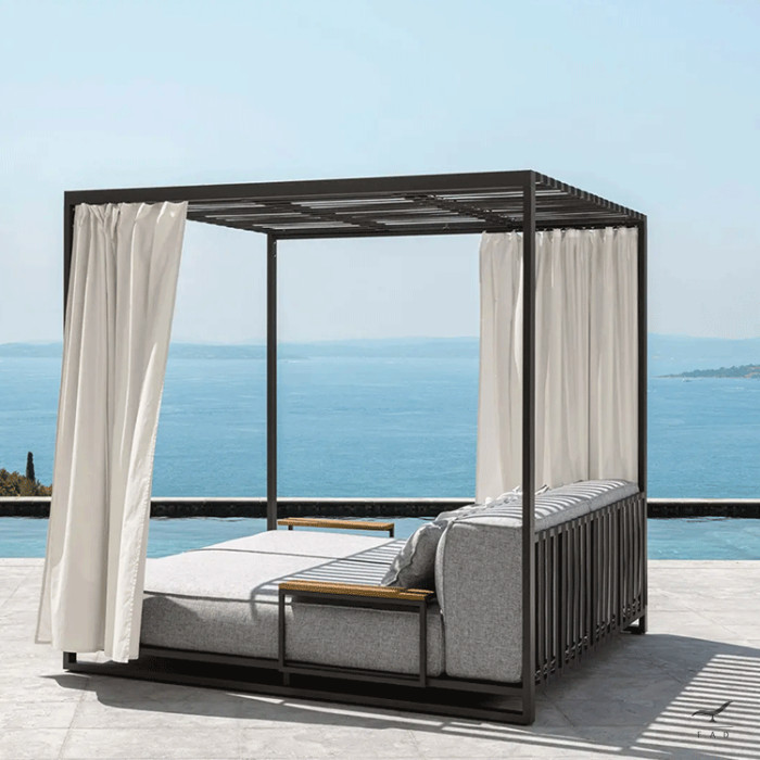 Luxurious FARS Sunbed with Teak Side Tables for Outdoor Relaxation