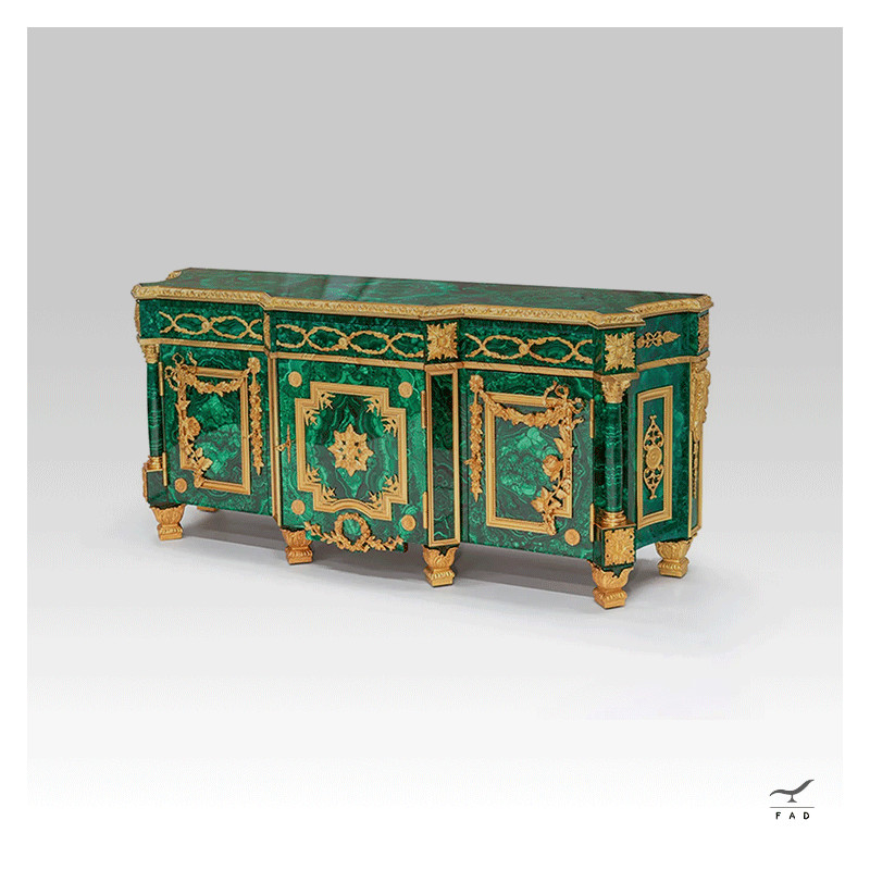 Credenza in Legno Impiallacciato in Malachite con Decorazioni in Ottone - Arredo di Lusso per Hotel e Palazzi