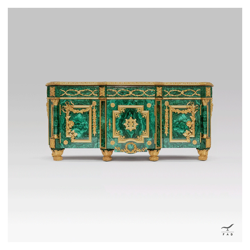 Credenza in Legno Impiallacciato in Malachite con Decorazioni in Ottone - Arredo di Lusso per Hotel e Palazzi