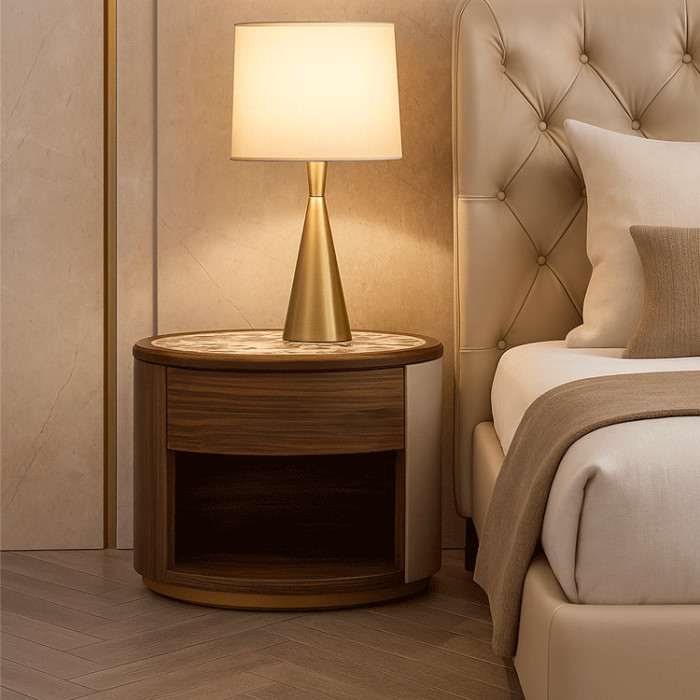 The KERES nightstand is the embodiment of modern luxury and timeless craftsmanship, designed for premium bedrooms, luxury villas