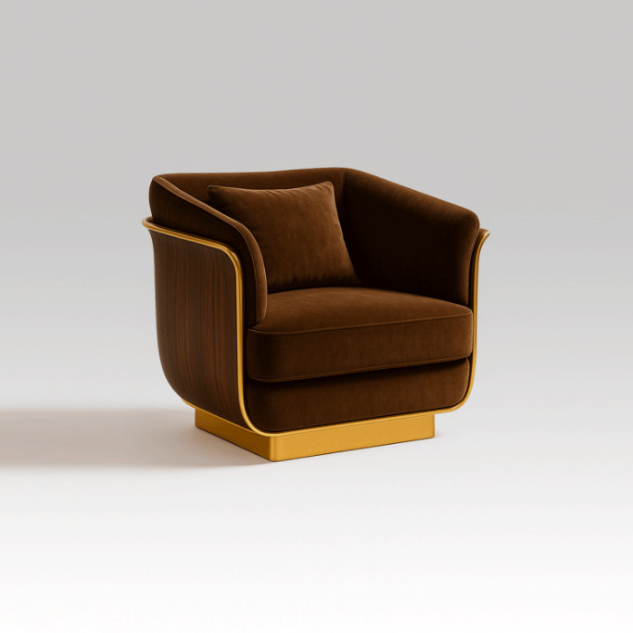 Poltrona LUNARE – Velluto Marrone e Noce Canaletto con Base in Ottone | Fadesign