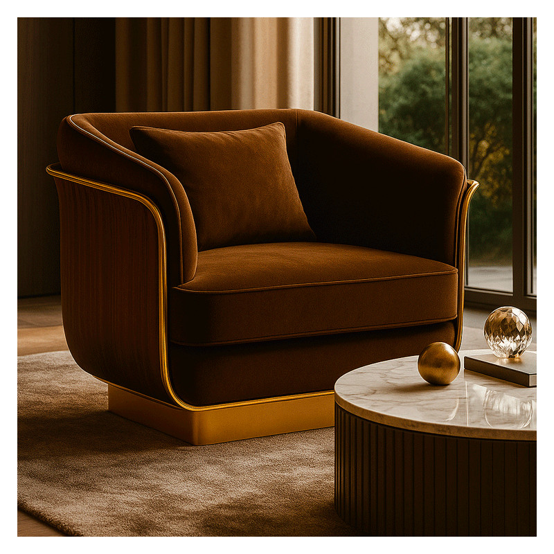 LUNARE Armchair – Velvet and Walnut Luxury Chair with Gold Finish | Fadesign