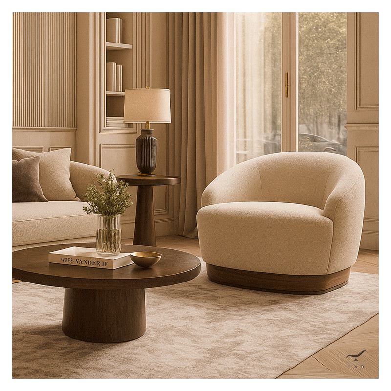 Poltrona Montis – Bouclé Avorio, Base in Noce e Acciaio Cromato | Fadesign