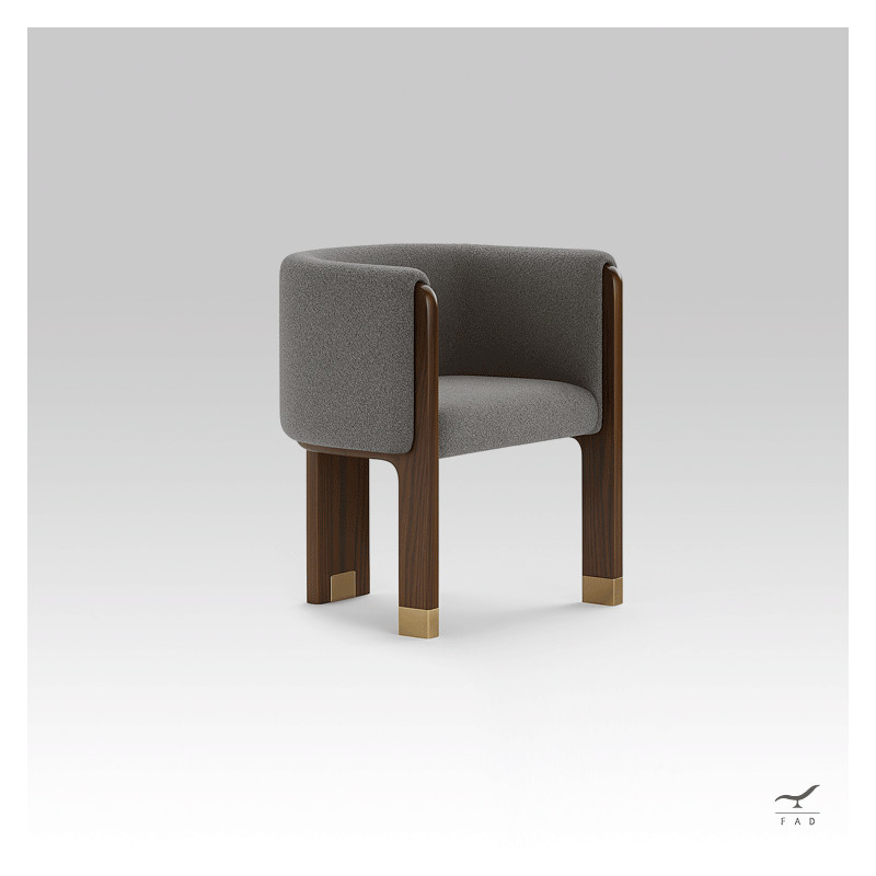 Poltrona ELIOS – Bouclé grigio, Noce & Ottone