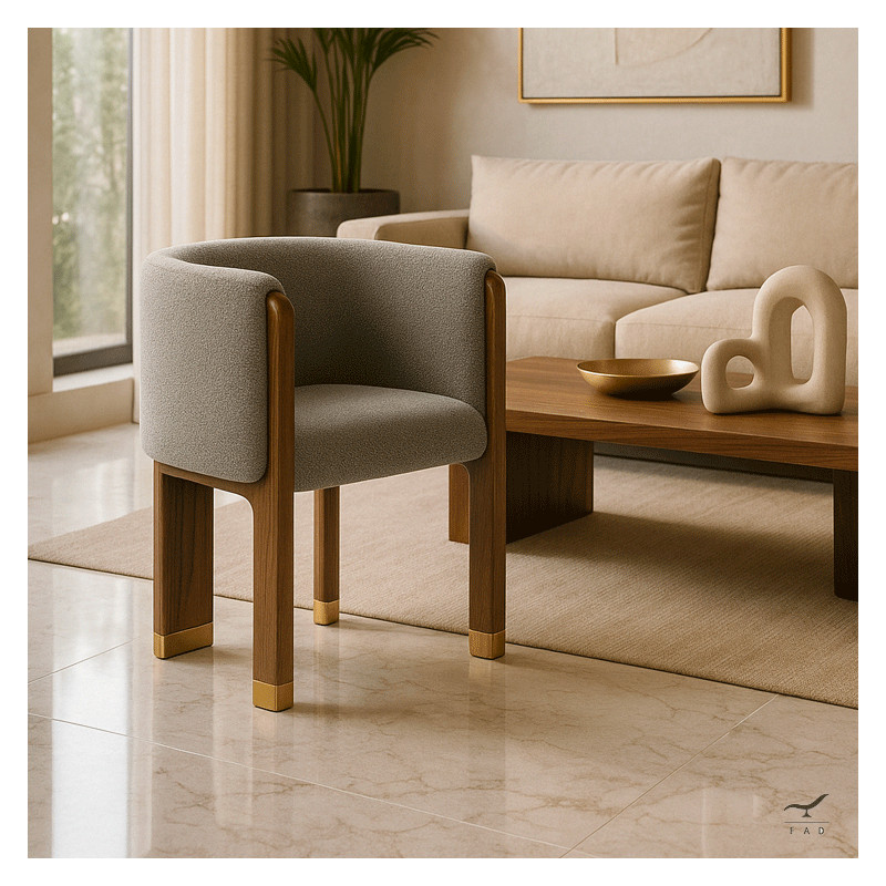Poltrona ELIOS – Bouclé grigio, Noce & Ottone