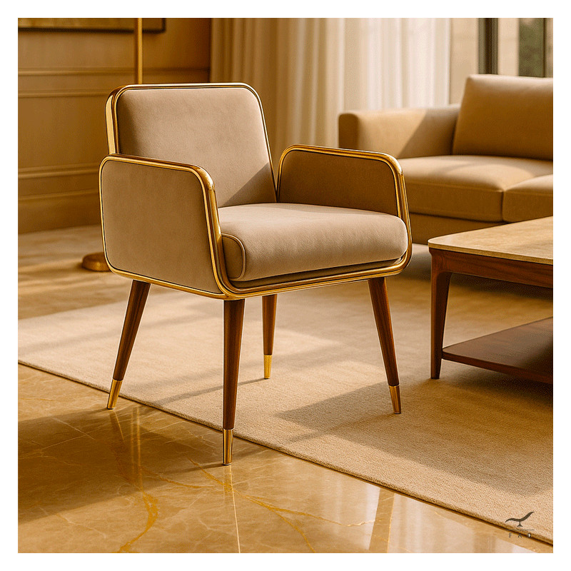 Sedia VERTIX – Velluto Taupe, Ottone & Noce