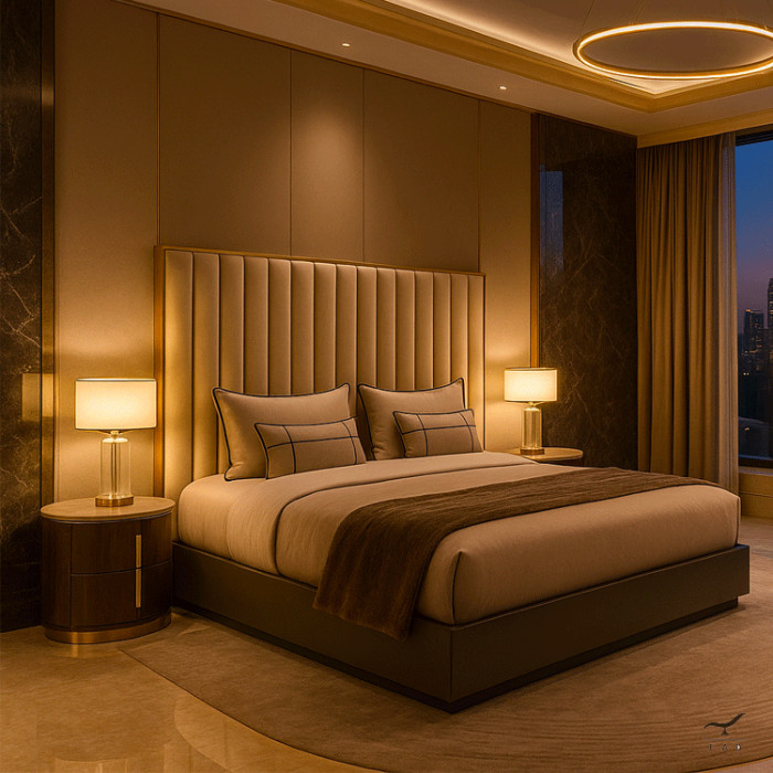 Desy luxury king bed, champagne velvet headboard