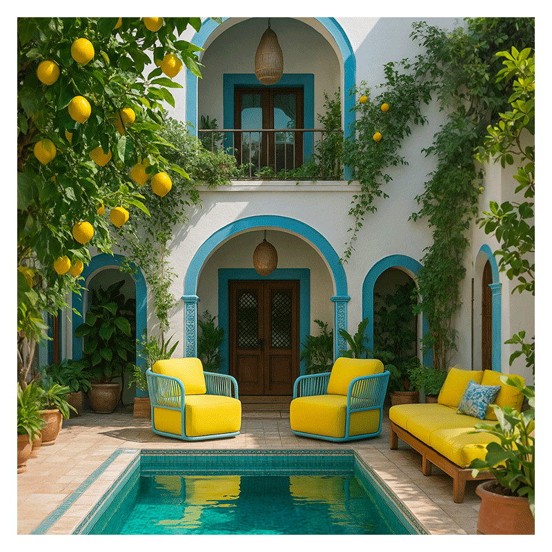 AMAD Outdoor Lounge Chair | Sky Blue & Yellow Luxury Armchair for Villas & Hotels